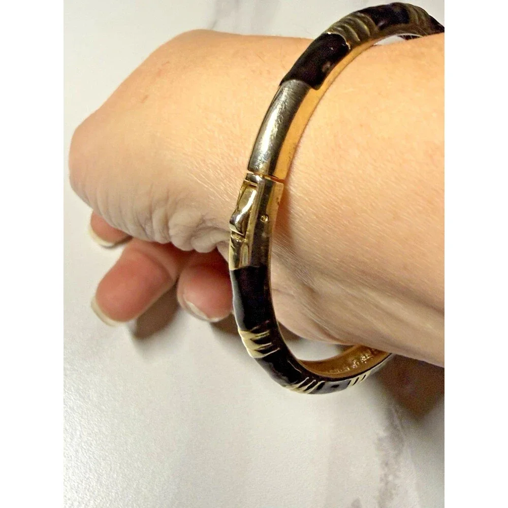 Vintage Black & Gold Toned Hinged Clamper Bangle Bracelet